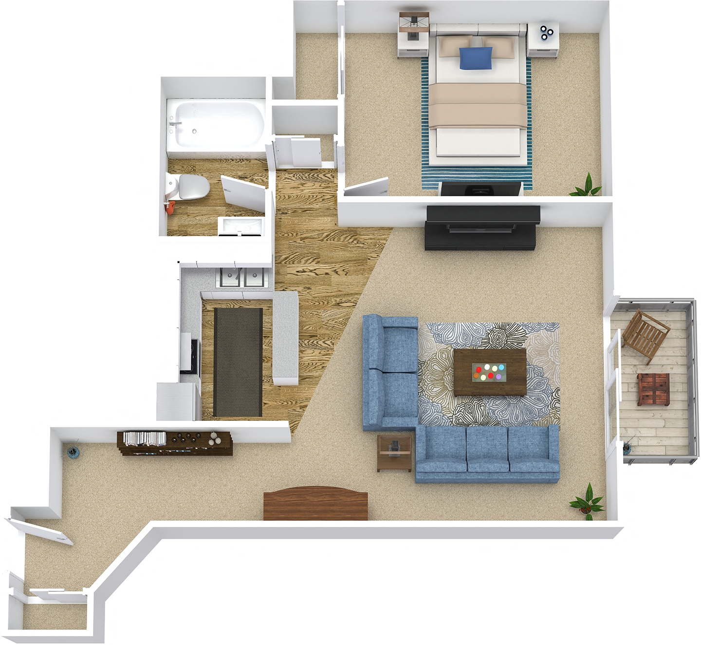 Floor plan for 1 bed, 1 bath, 673 sqft